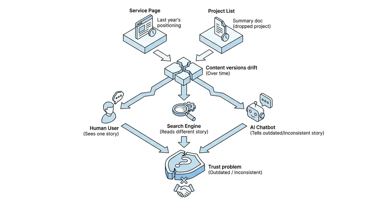 Content drift breaks trust: human, search, AI diverge.