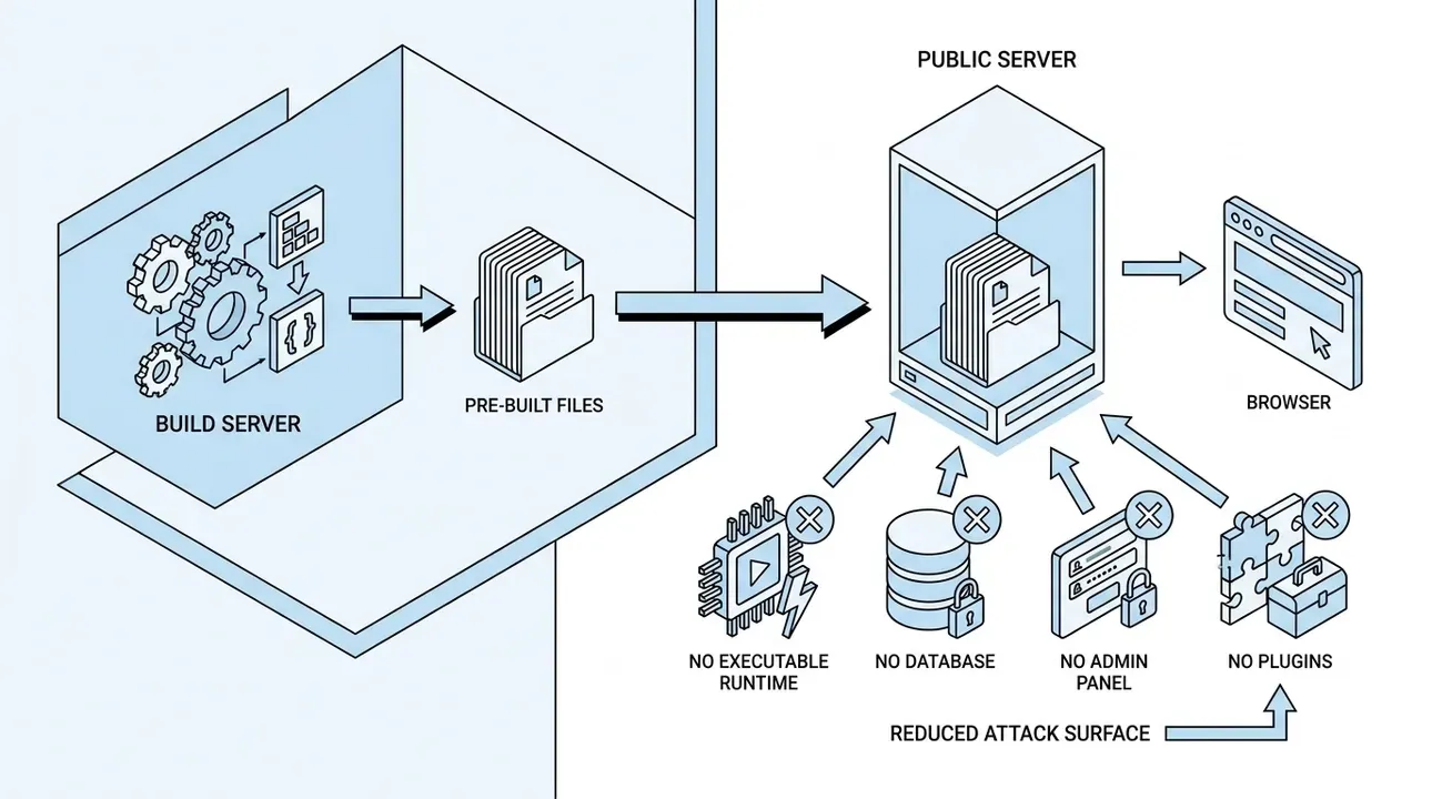 A static site has no server runtime, database, admin panel, or plugins to exploit.