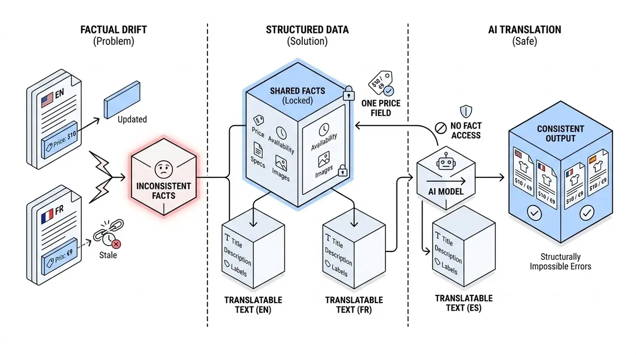 Shared facts, translated text: consistent multilingual product data.