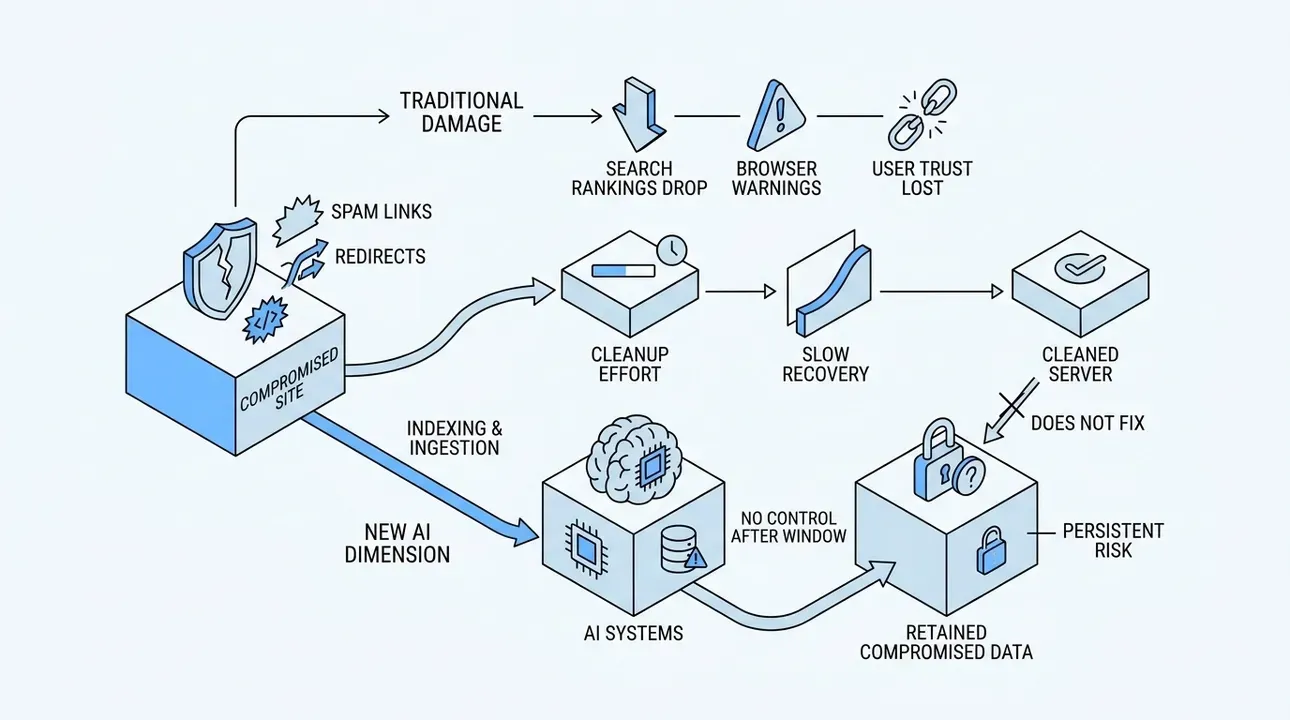 AI learns from compromised sites; cleanup is too late.