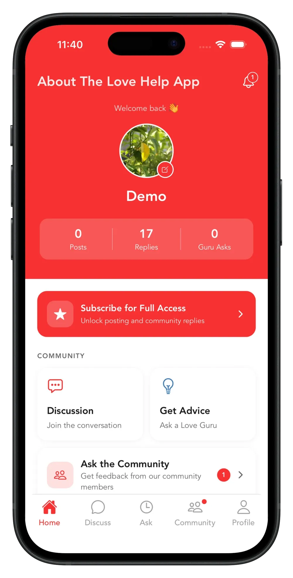 The Love Help App home screen, with activity stats and quick links to Discuss, Community, and Ask a Guru
