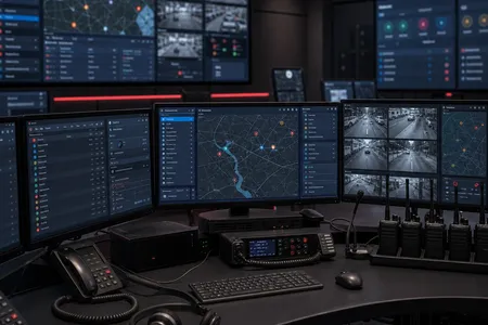 Illustrative ALM dispatch operations center with radio, map, and camera monitoring