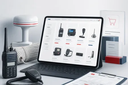 Illustrative Blazer electronics storefront with radio equipment, catalog, and checkout workflow