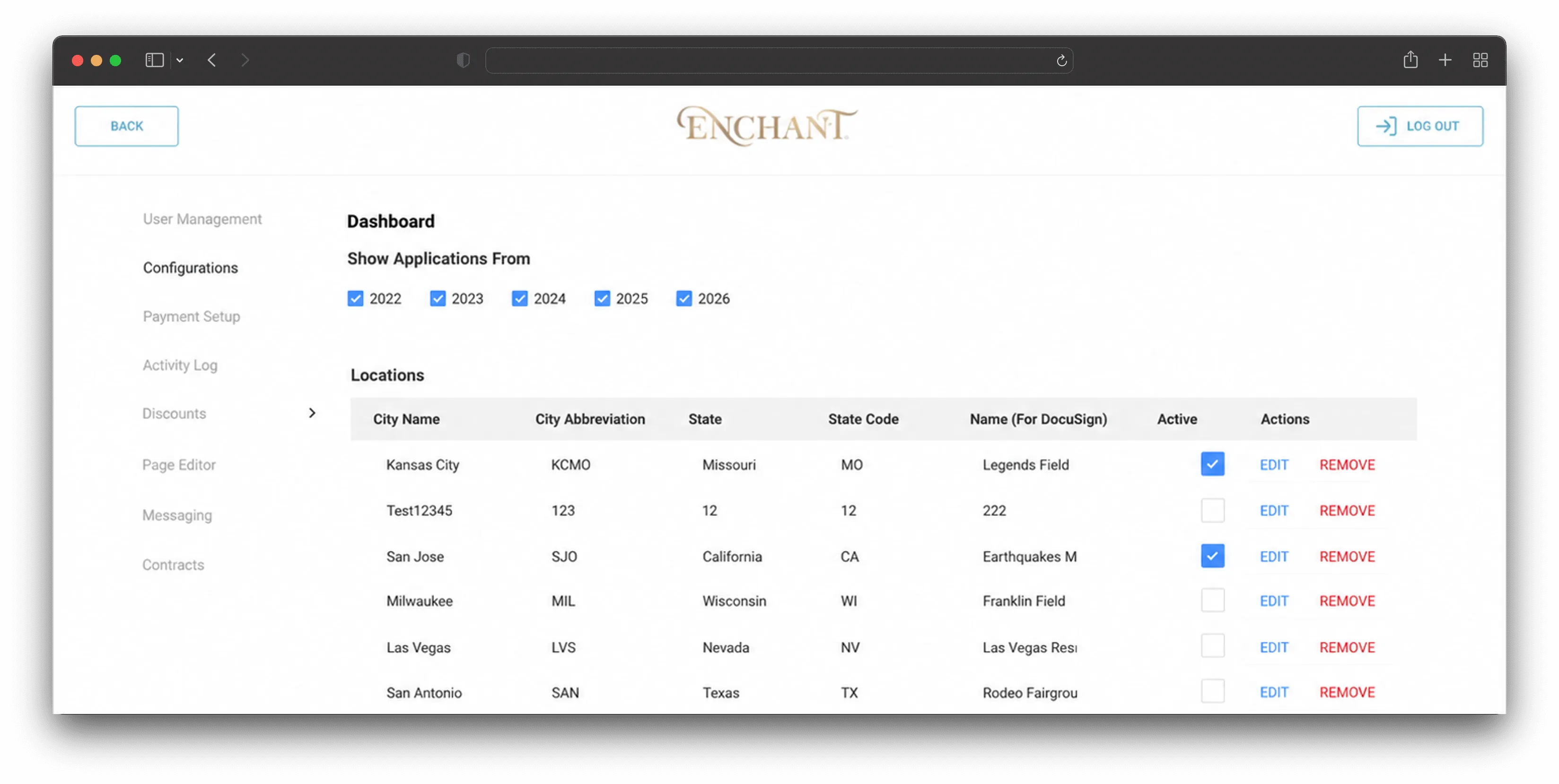 Vendor Portal admin configuration dashboard with year filters and locations