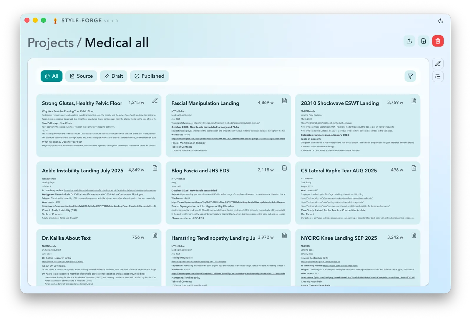 Style Forge article library, filtered by source, draft, and published status