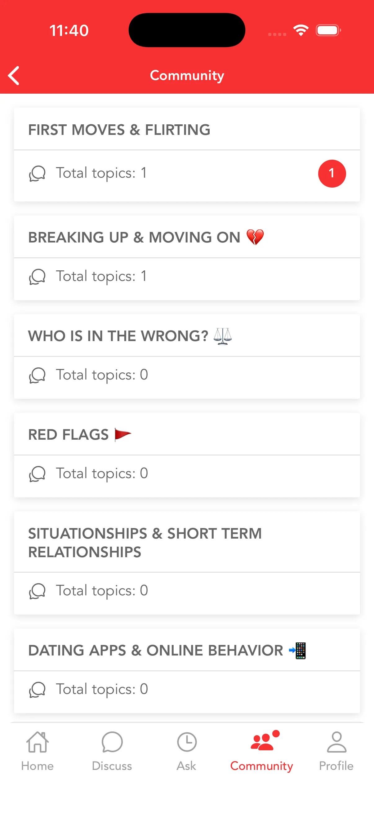 The Love Help App Community tab, listing several topic boards