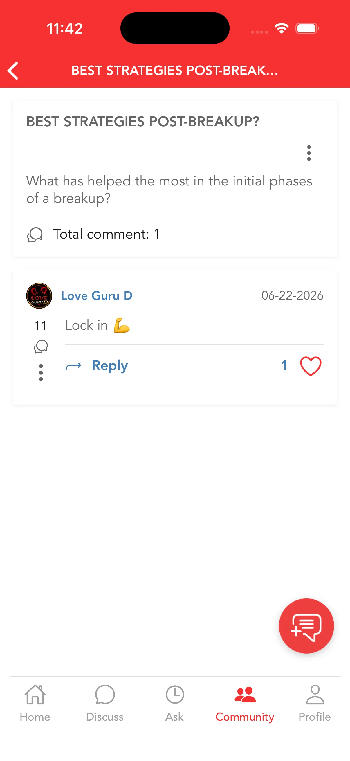 A community thread on The Love Help App, with a reply from a Guru account