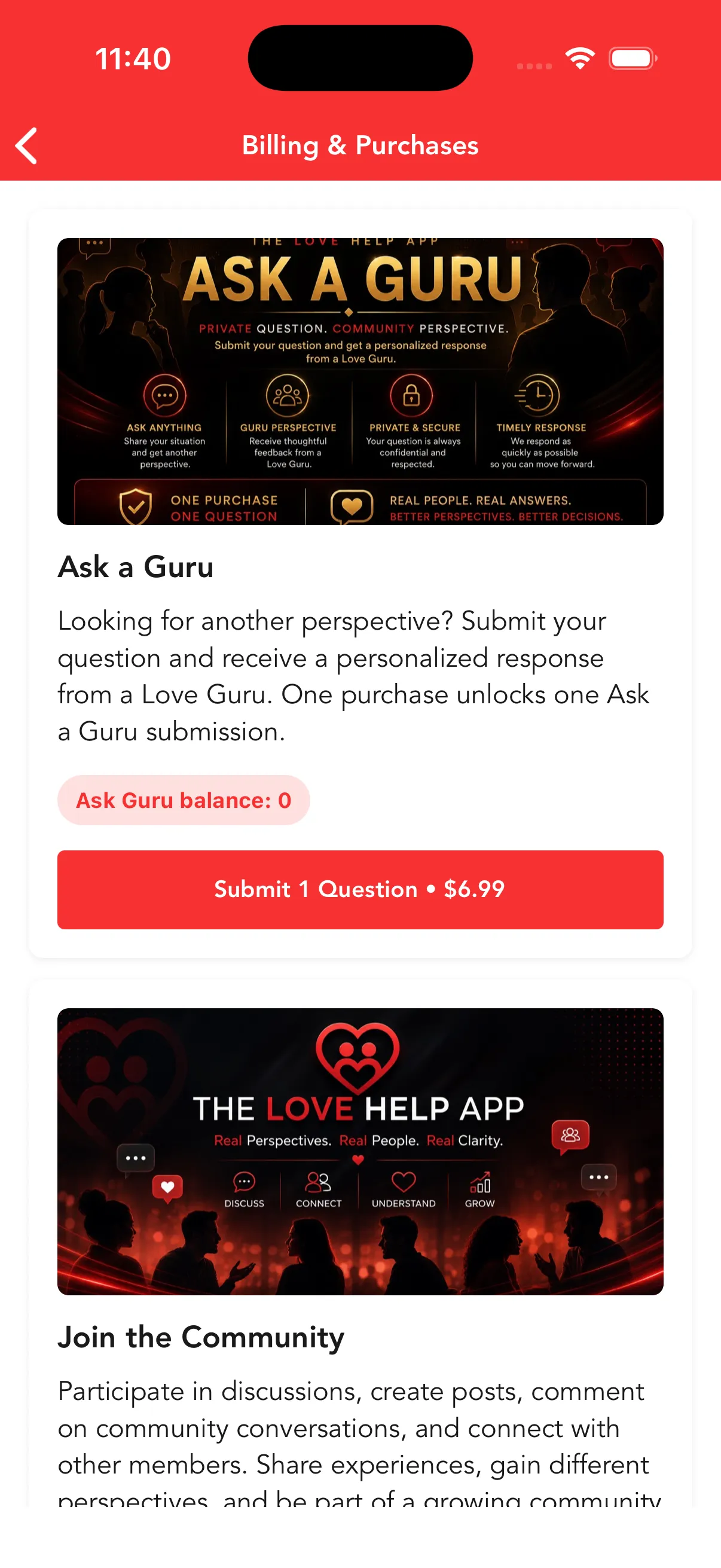 The Love Help App Billing & Purchases screen, with an Ask a Guru purchase card and a Join the Community subscription card