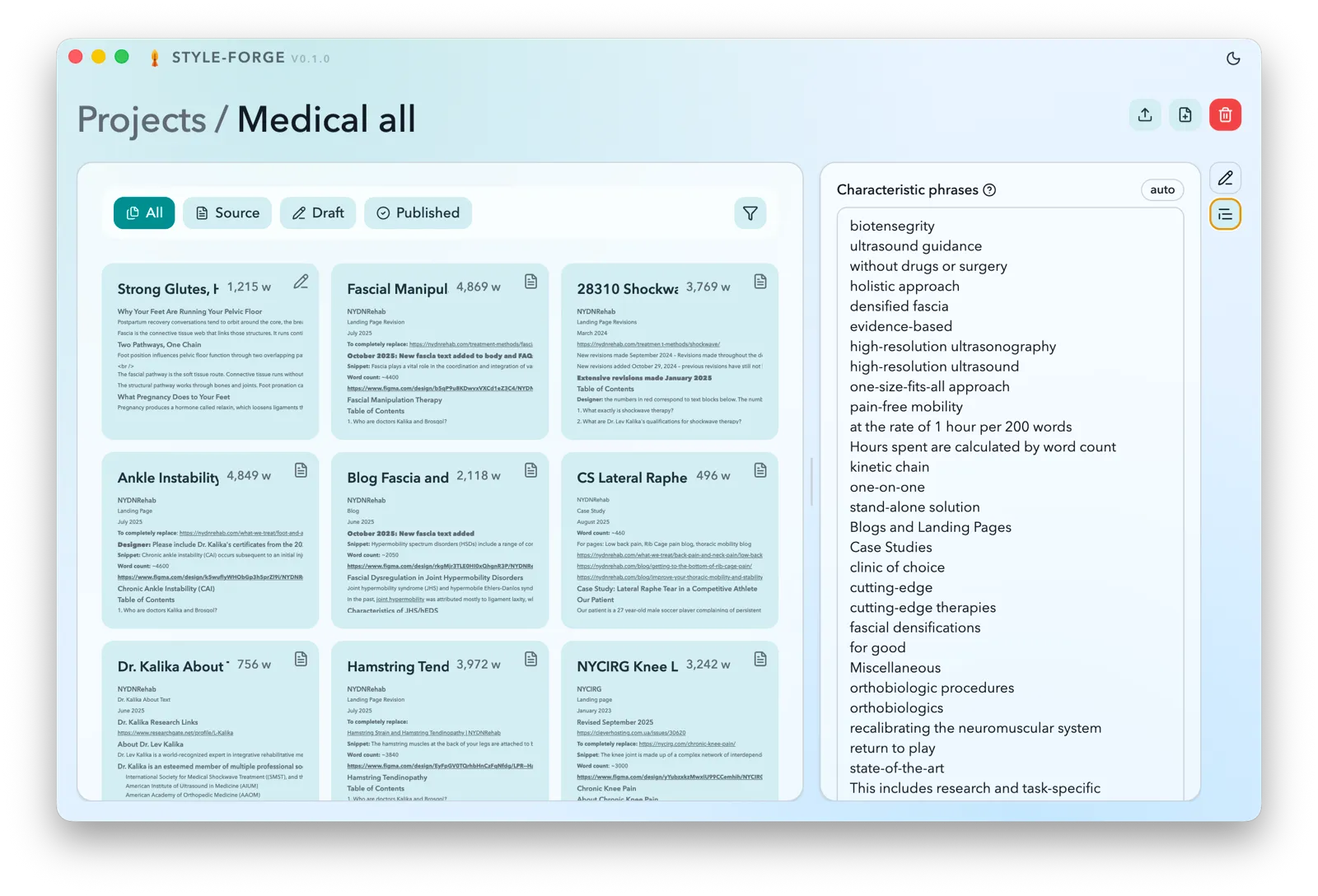 Style Forge project-level style profile, listing characteristic phrases extracted from its source articles