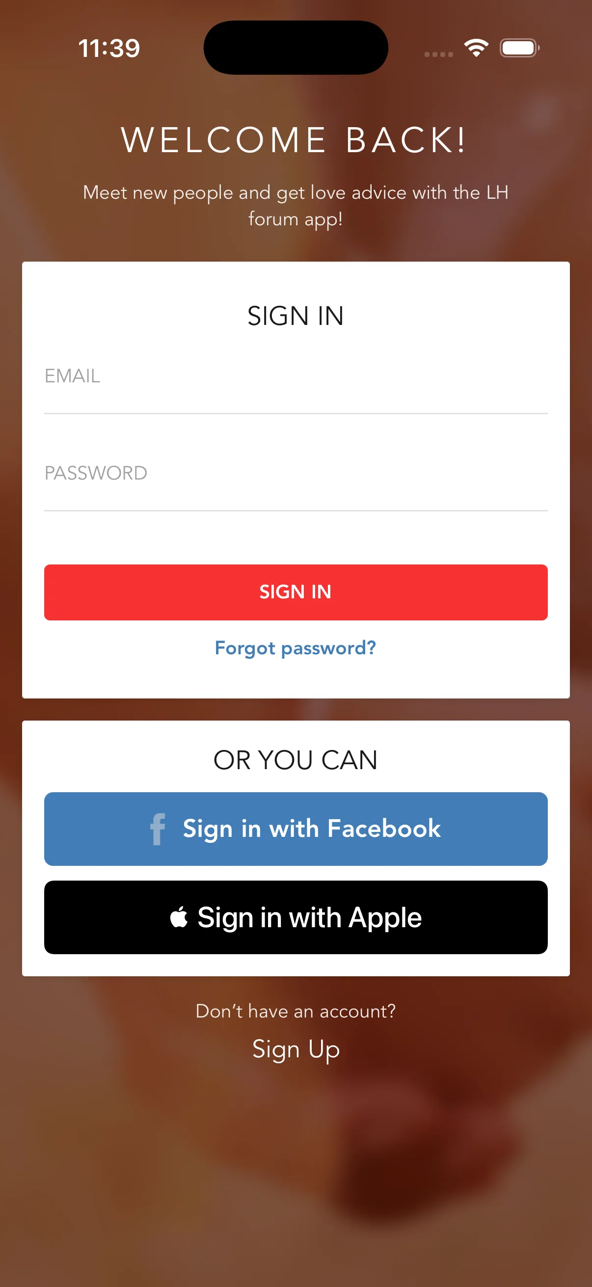The Love Help App sign-in screen, with email/password fields and Facebook and Apple sign-in buttons