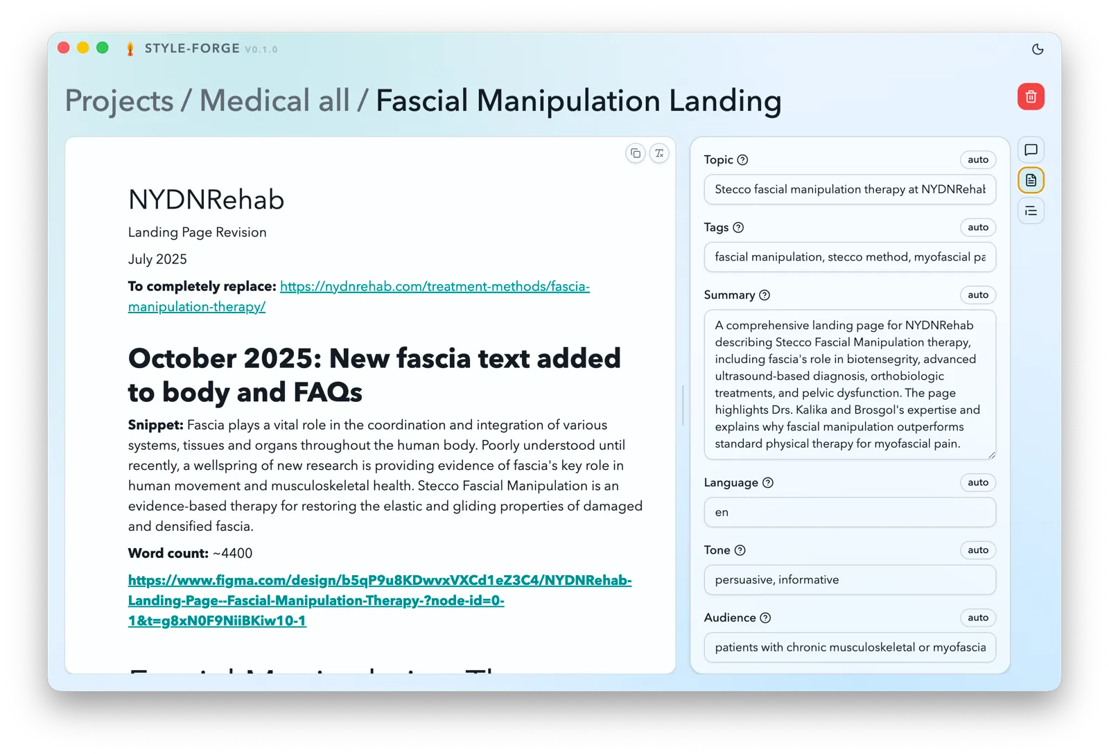 Style Forge metadata inspector, showing auto-filled topic, tags, summary, language, tone, and audience fields