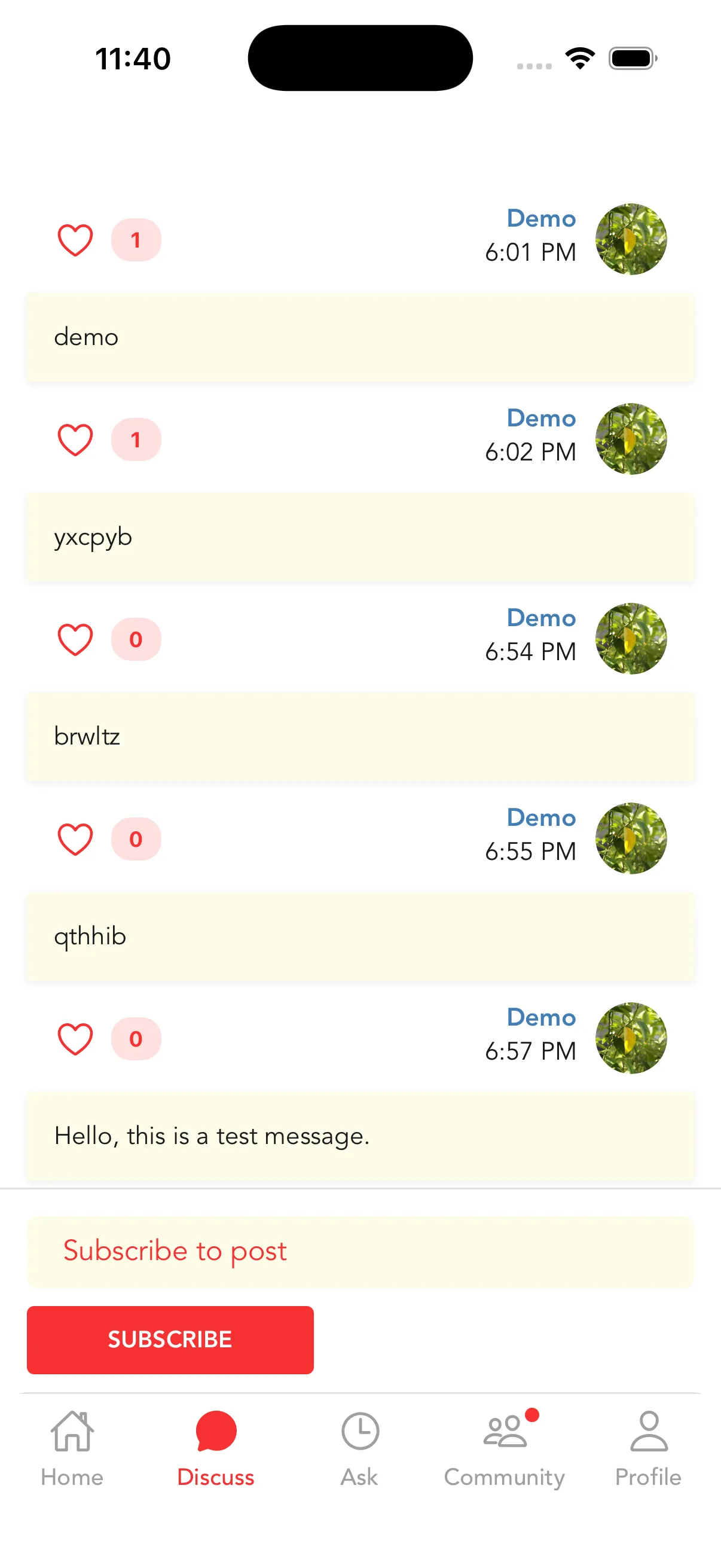 The Love Help App Discuss feed, showing member messages with like counts and a subscribe-to-post prompt