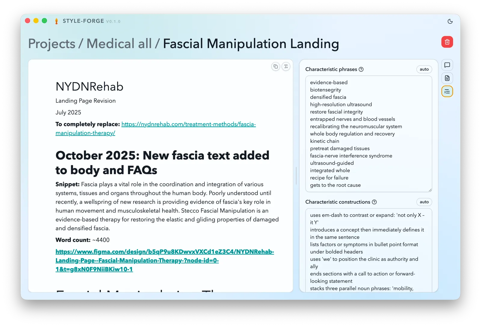 Style Forge article style inspector, listing characteristic phrases and constructions for a single article