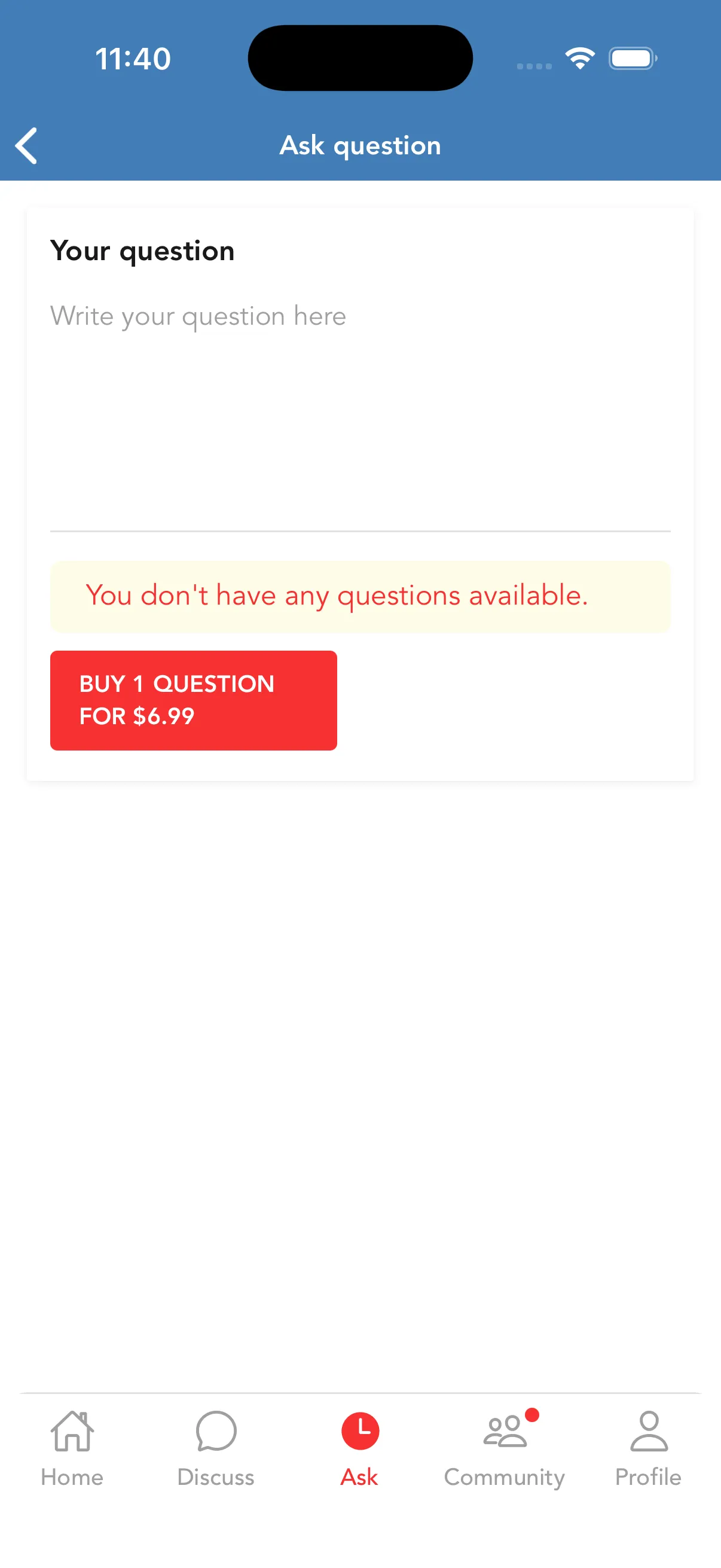 The Love Help App Ask a Guru submission screen, with a per-question purchase option