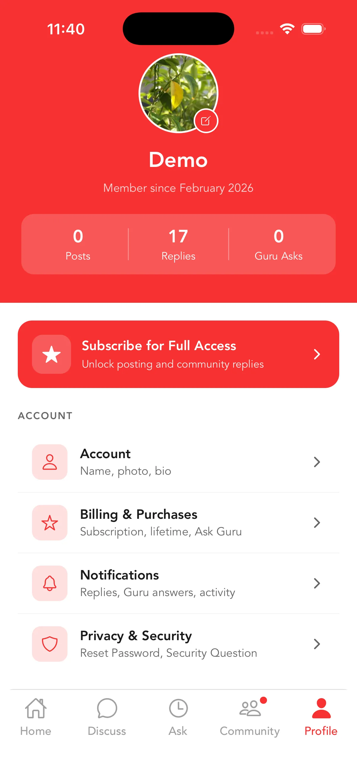 The Love Help App Profile tab, showing membership stats and links to account settings