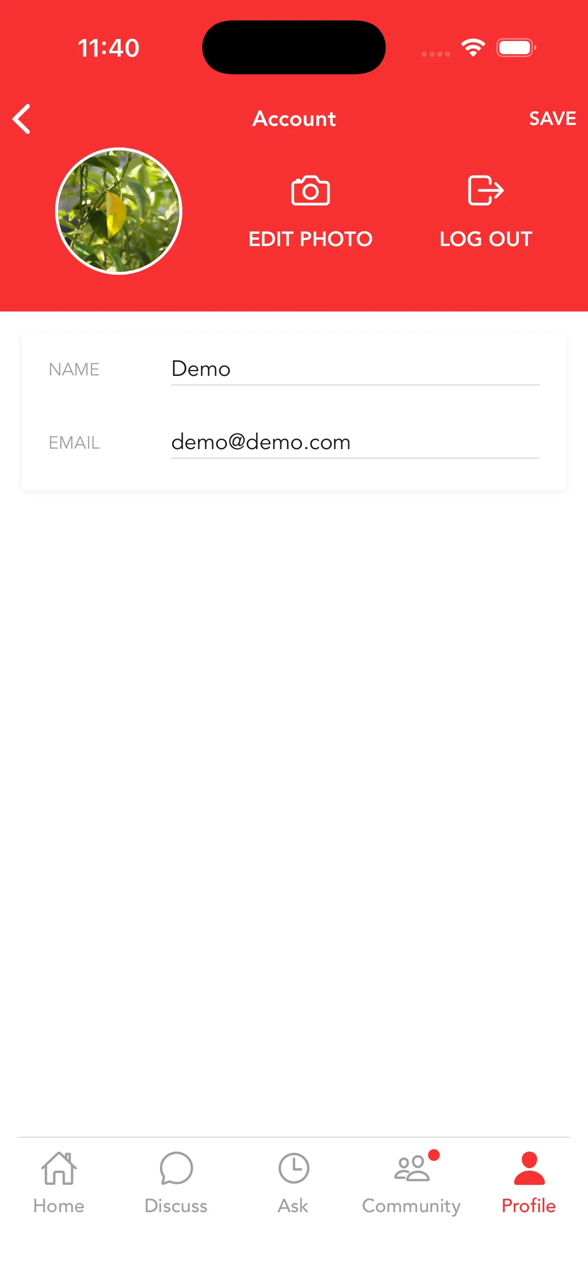 The Love Help App Account screen, with fields to edit name, email, and photo