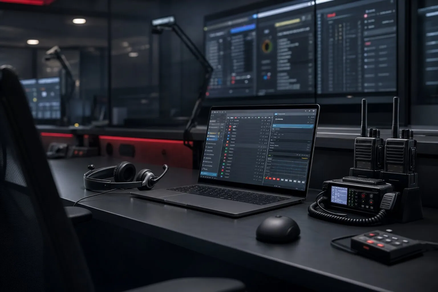 Illustrative ALM dispatch workstation with radio hardware and operator screens