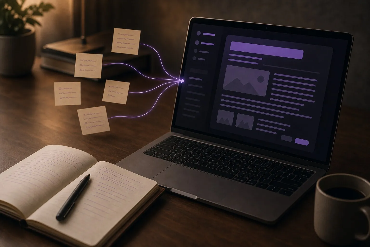 Scattered notes becoming a structured blog editor layout