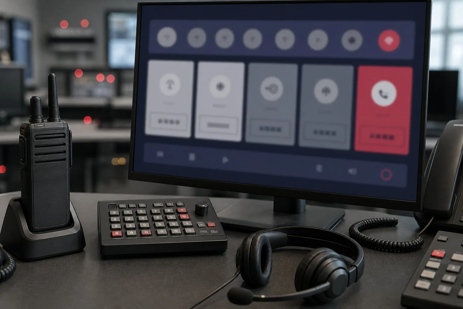Illustrative radio command workstation with keypad and headset