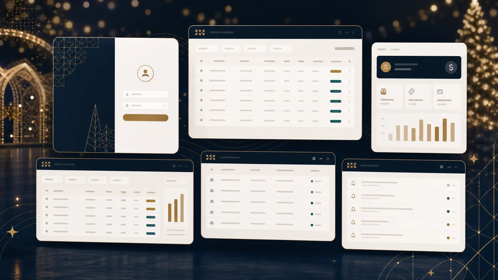 Illustrative Enchant Portals admin dashboards for promo codes, group tickets, and gifting
