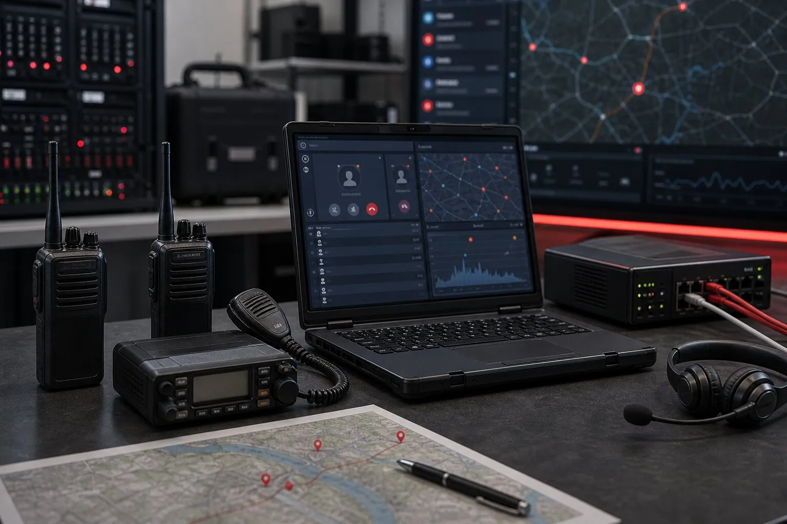 Illustrative ALM field evolution workstation with radio hardware, map markers, and dispatch controls