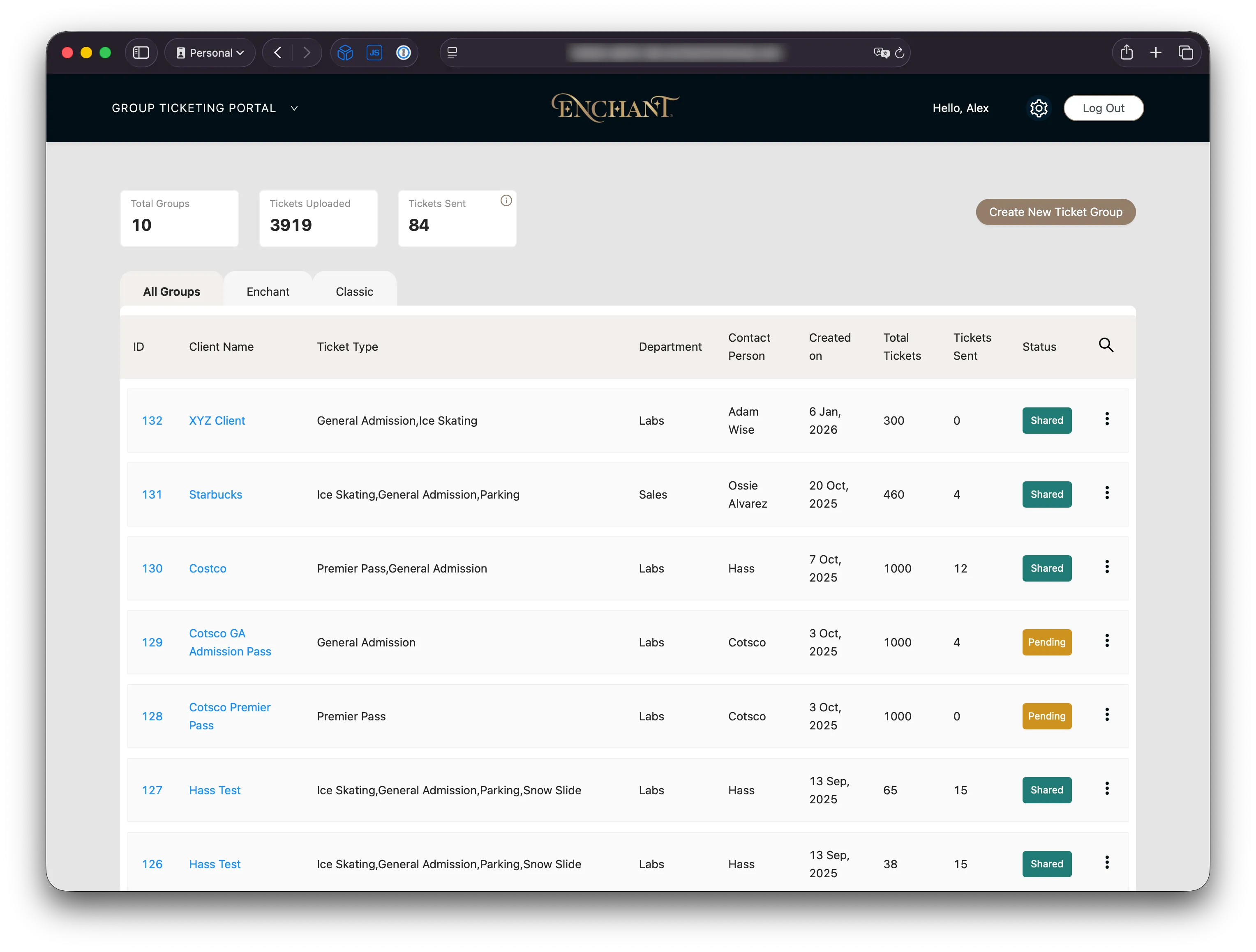 Group Tickets admin with ticket groups and user management