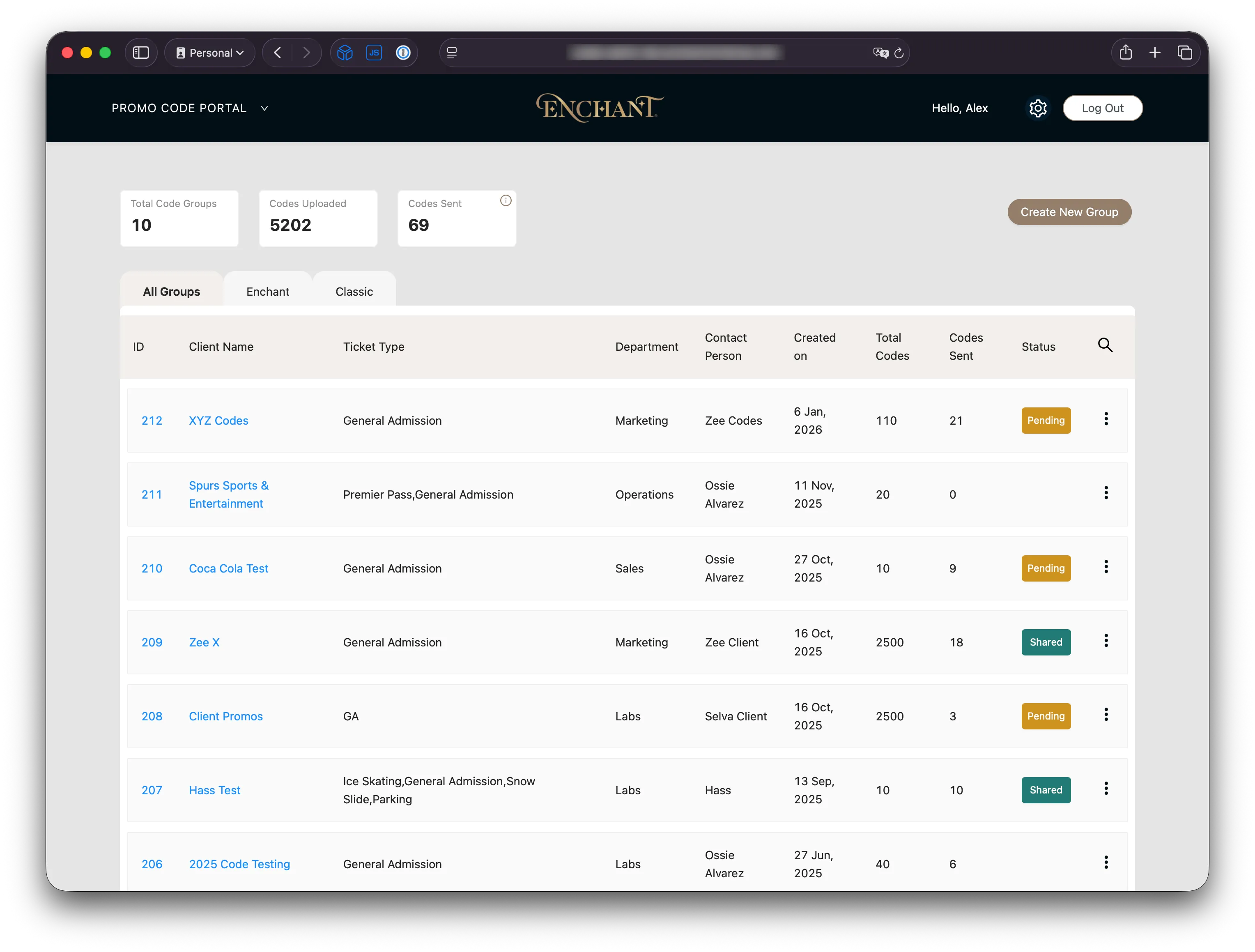 Promo Codes admin dashboard with code groups and settings