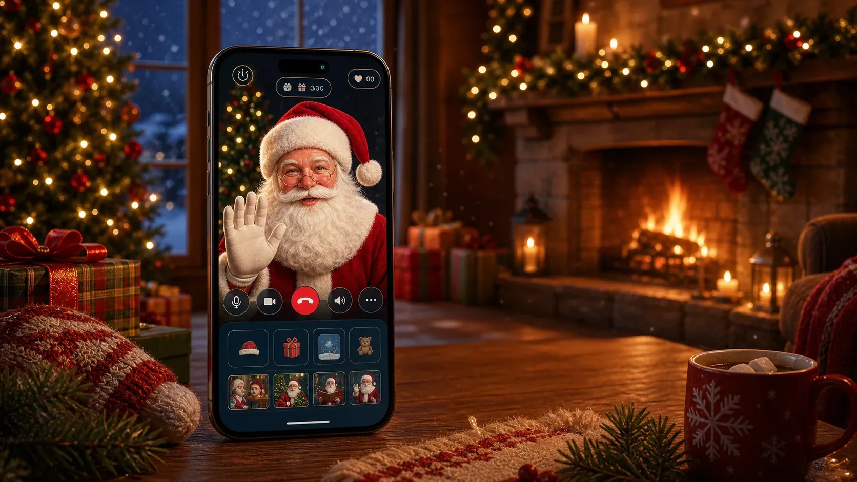 Illustrative Santa Calls mobile app with a live Santa video call and personalization screens