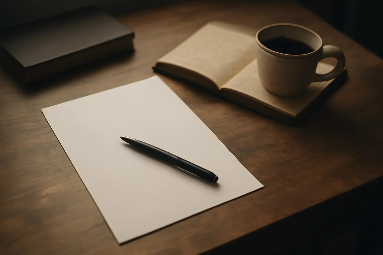 A blank page, pen, and coffee — ideas ready to become content