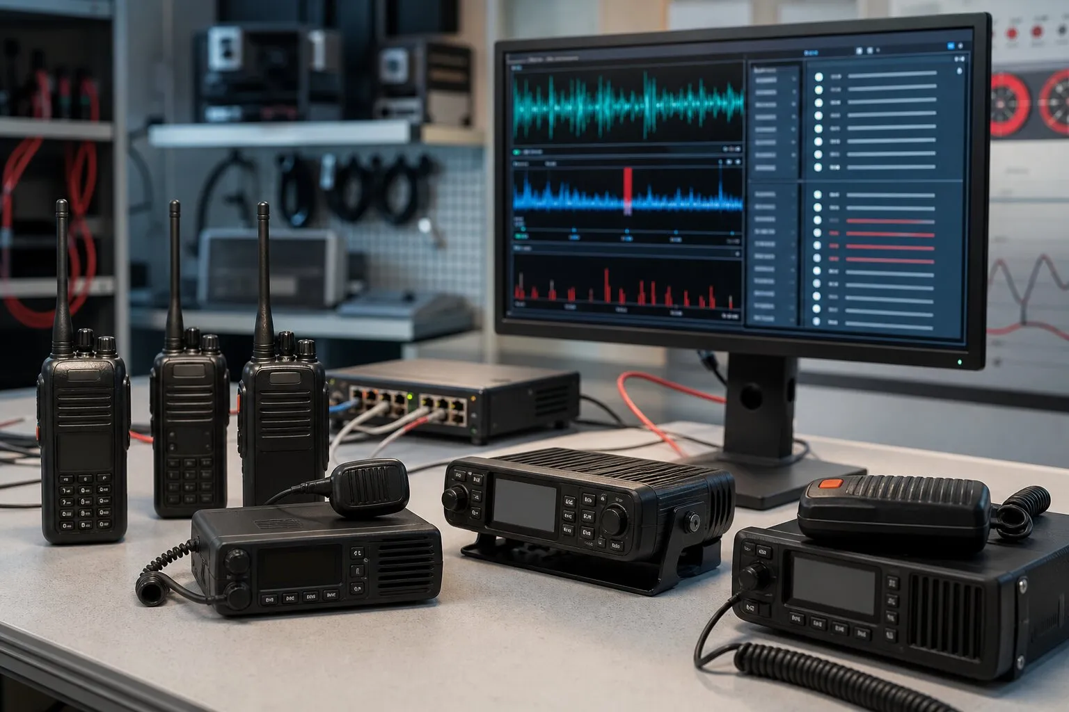Illustrative radio protocol testing bench with waveform status