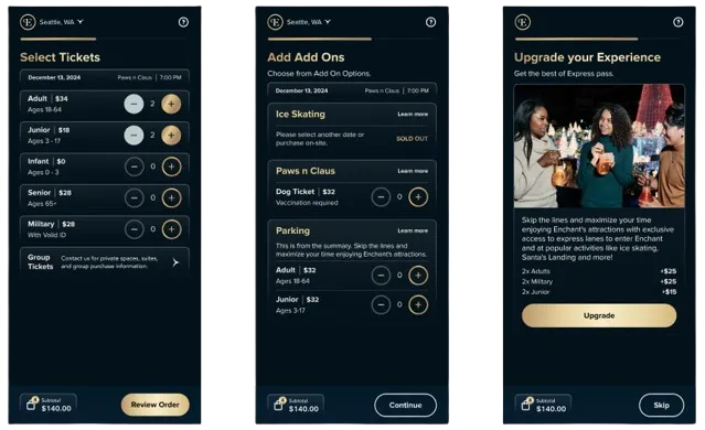 Enchant ticketing promo code and add-on flow