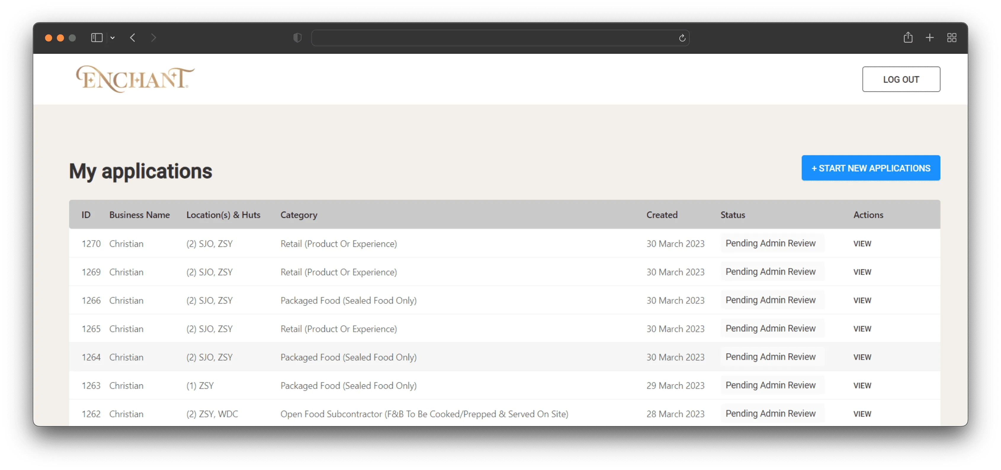Vendor Portal application list