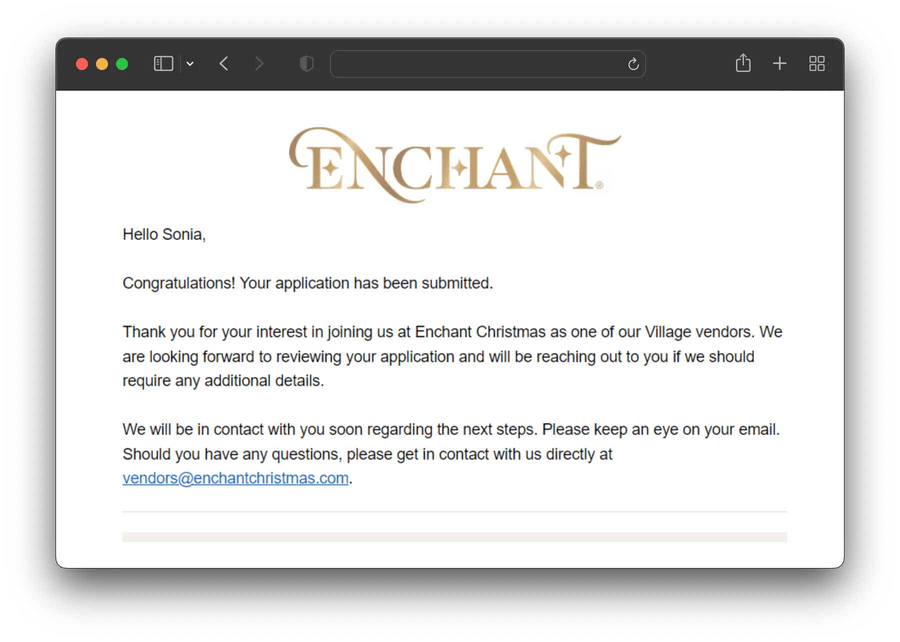 Vendor Portal application notification email